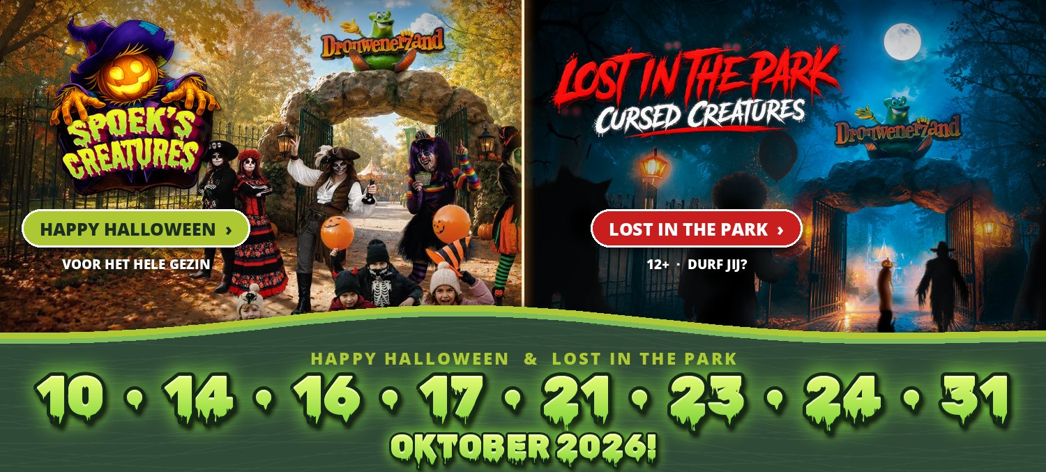 DZ header Halloween 2026 NL v2 (Happy Halloween + Lost in the Park) Happy Halloween en Lost in the Park in Attractiepark Drouwenerzand: 10, 14, 16, 17, 21, 23, 24 en 31 oktober 2026