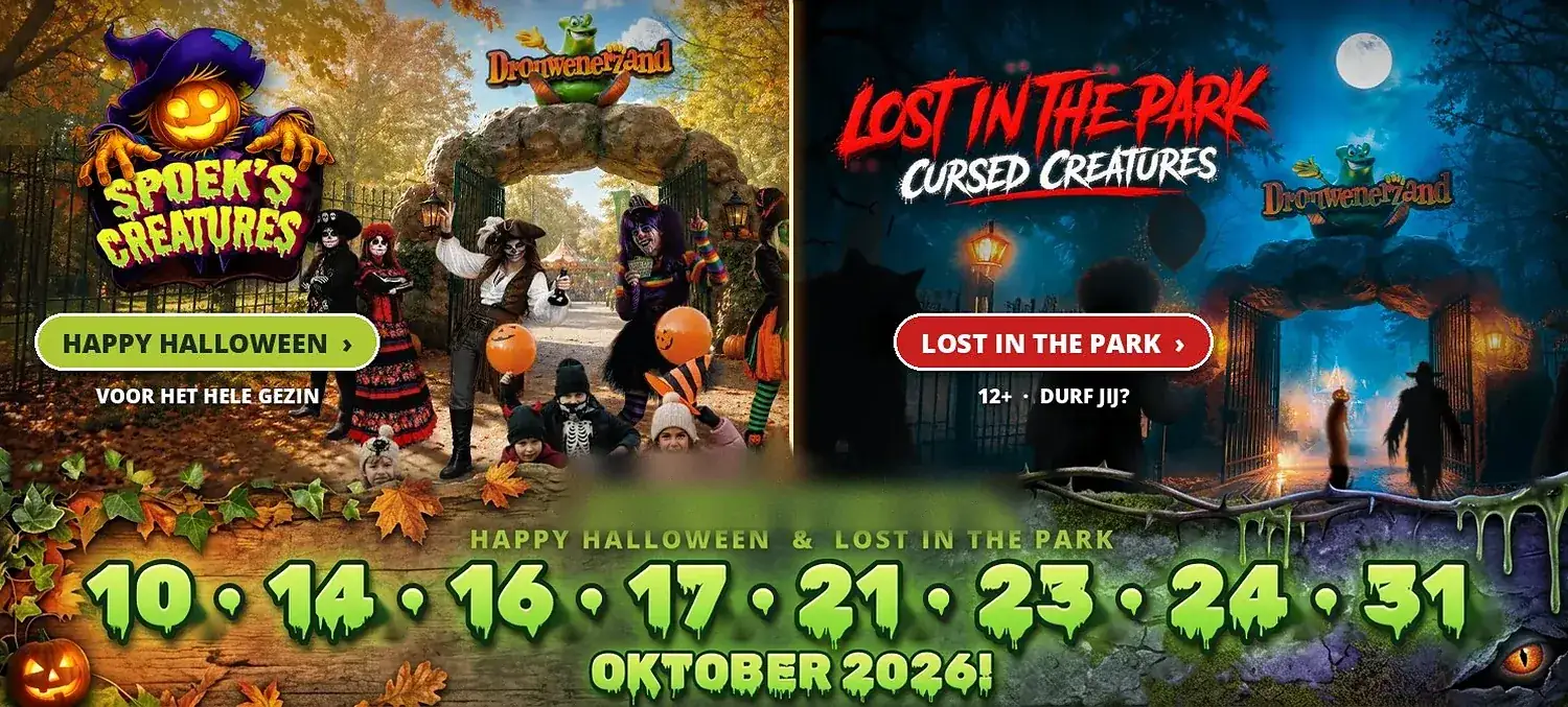 DZ header Halloween 2026 NL v4 (geoptimaliseerd) Halloween bij Drouwenerzand: Happy Halloween voor het hele gezin en Lost in the Park vanaf 12 jaar, 10 t/m 31 oktober 2026